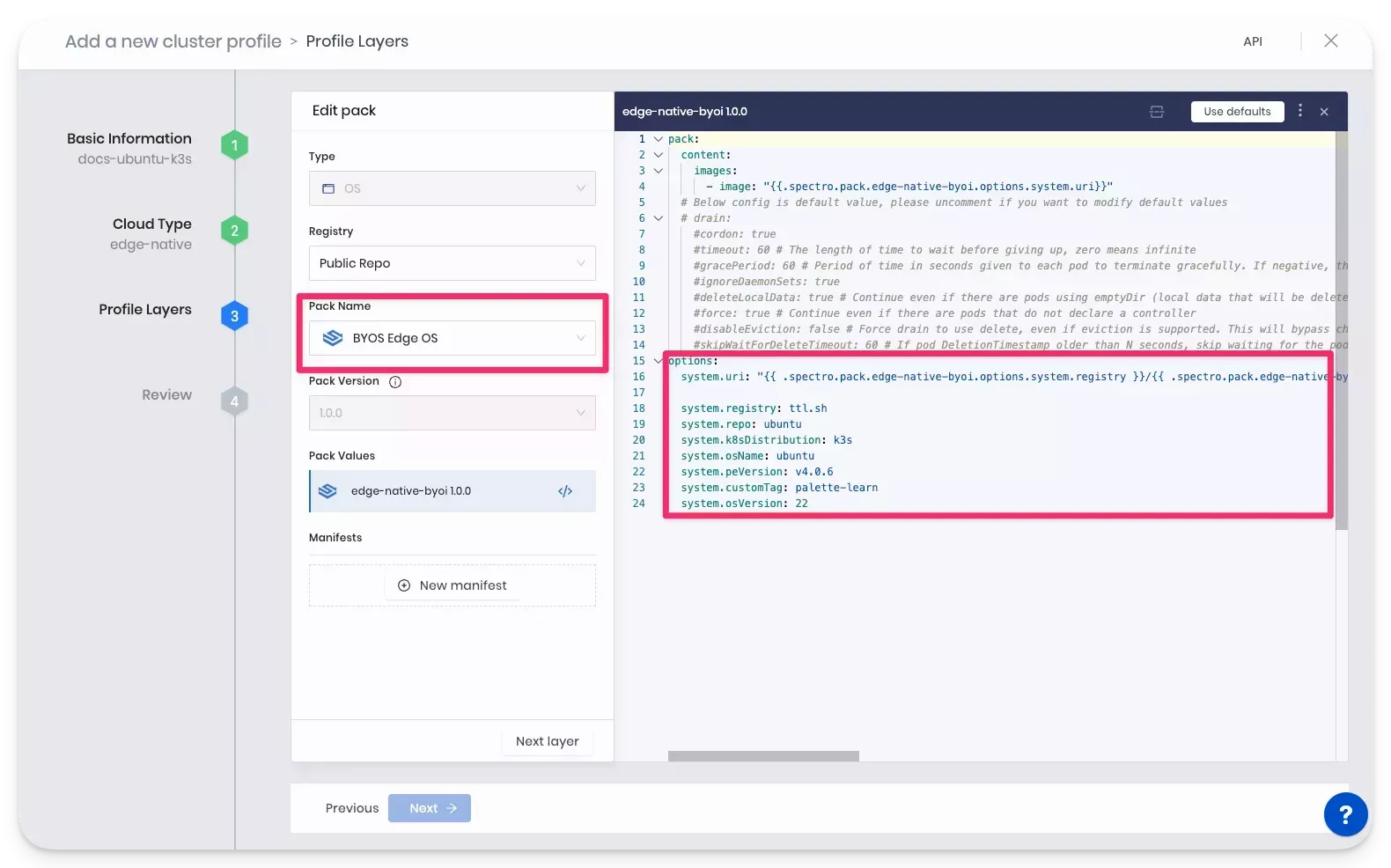 Screenshot of a sample cluster profile&#39;s OS layer 