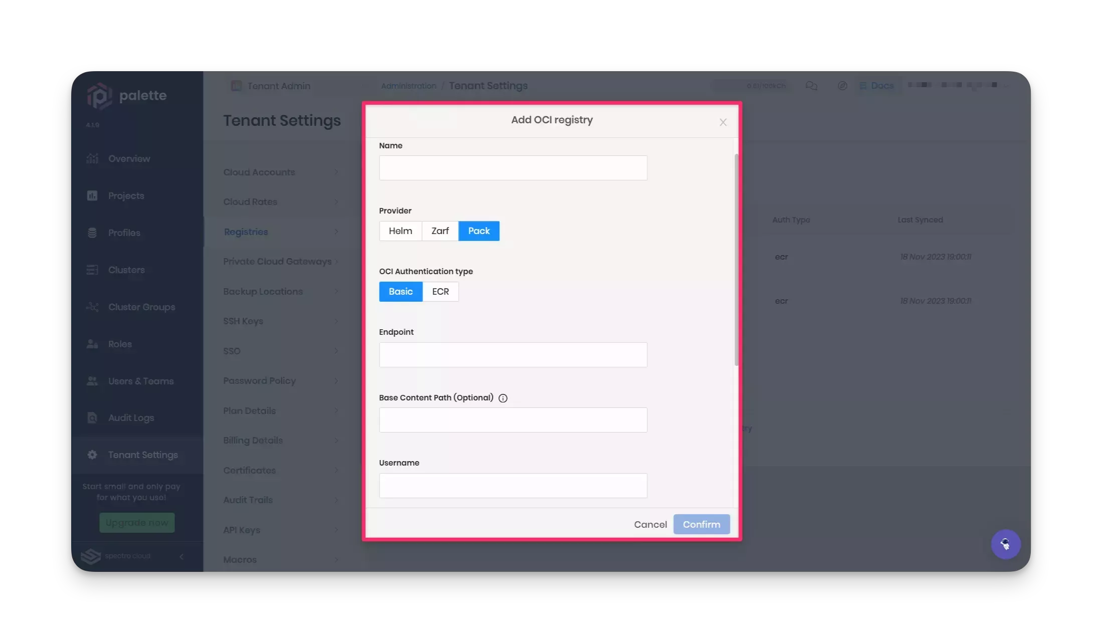 A screenshot highlighting the fields to configure an OCI registry. 